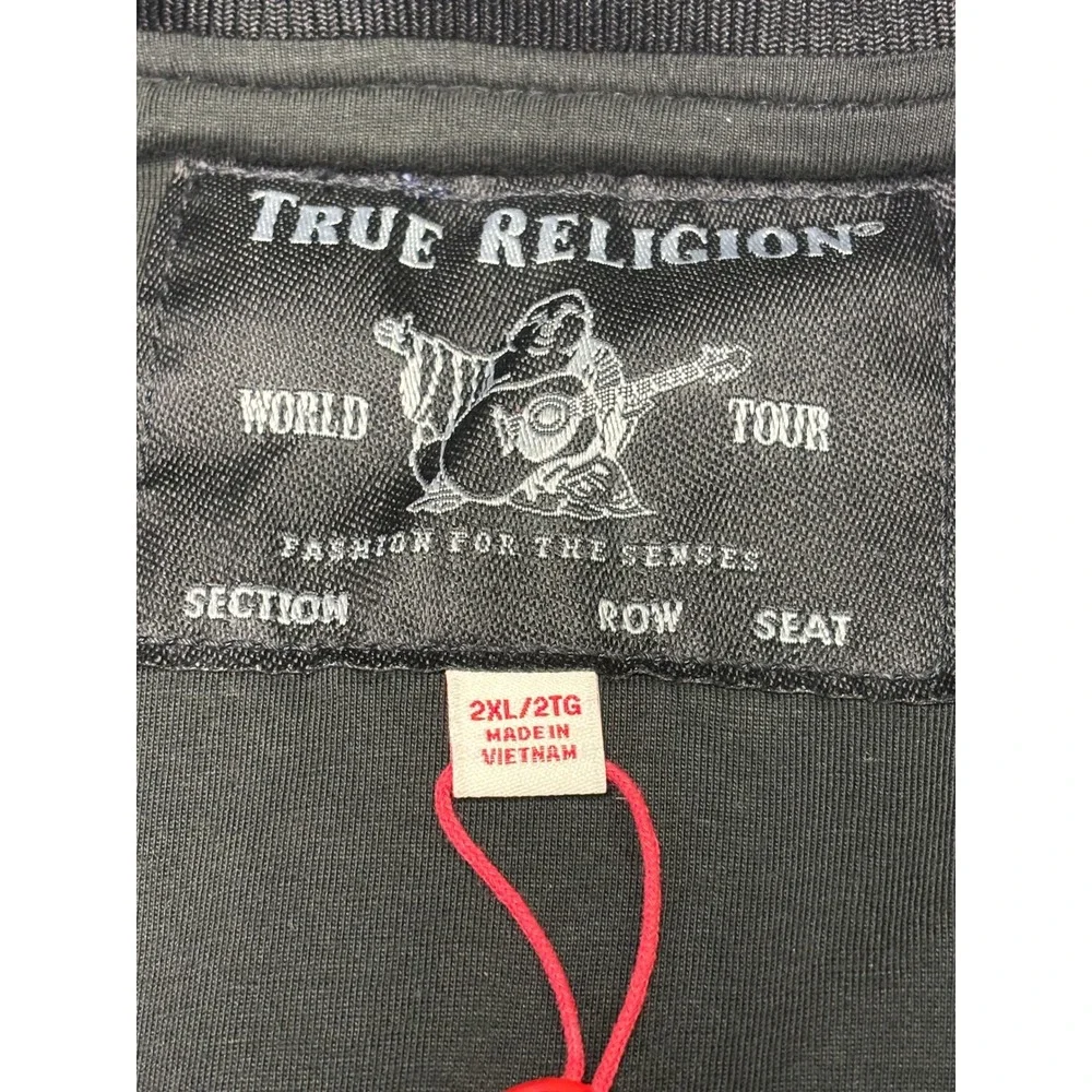 NWOT True Religion Denim Bomber Jacket Mens 2XL TG Blue Full Zip Horseshoe Logo‎